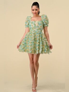 By Love Julia 3D Floral Mini Dress in Ivory and Pastel Blue
